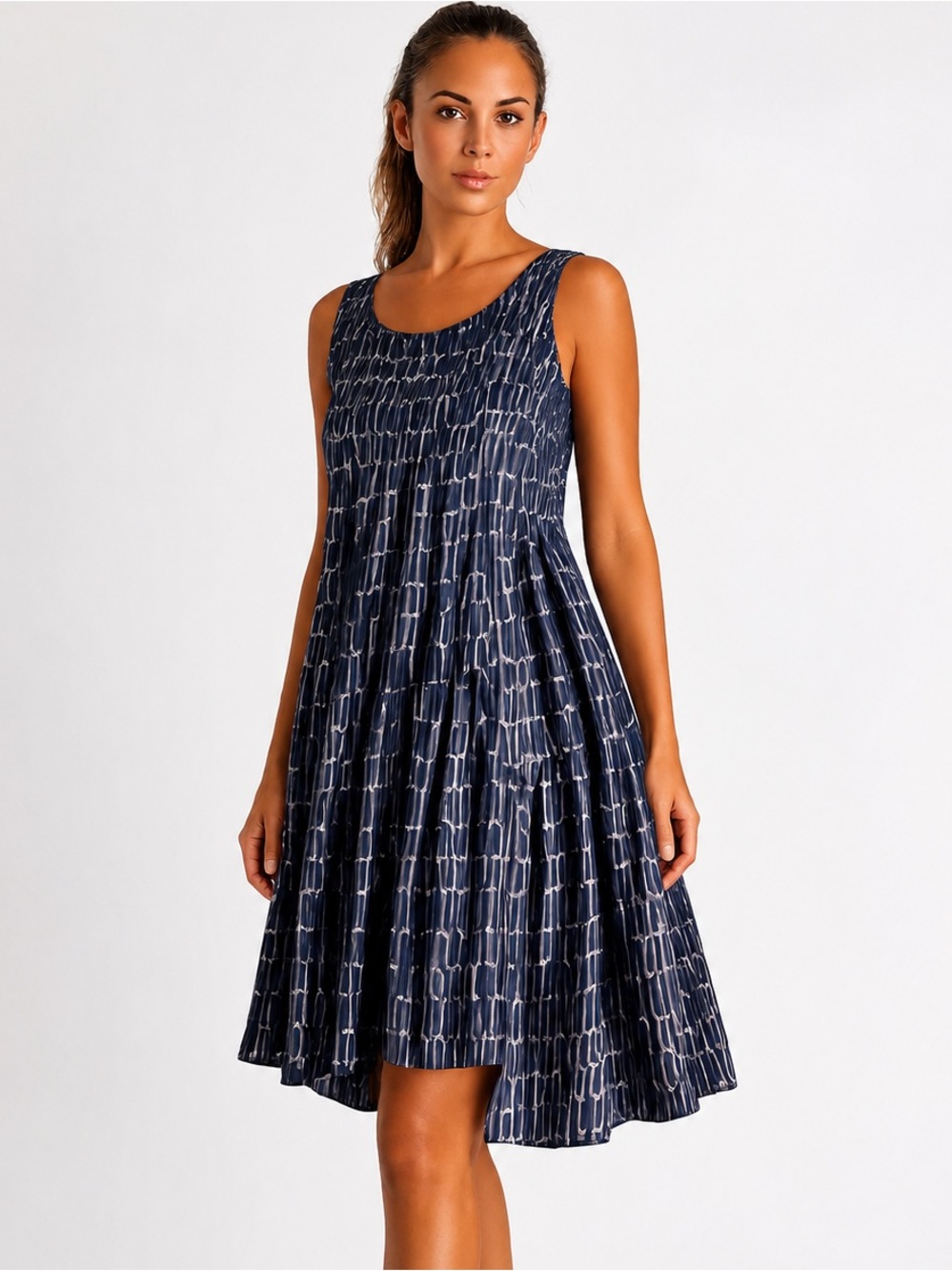 Eva Franco Asymmetrical Tiered Swing Dress | Navy Abstract Print | Size 6